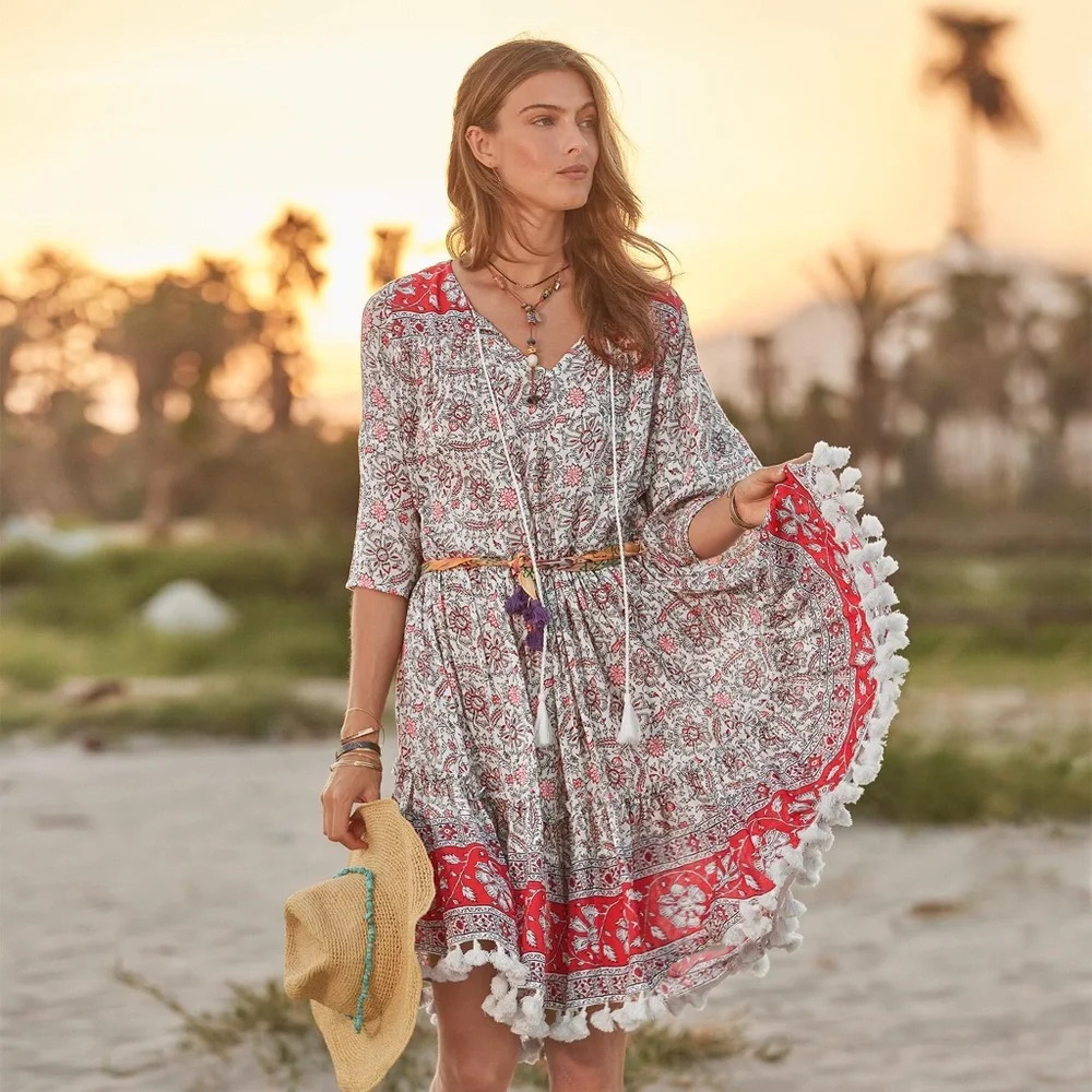 Sundance All At Sea Dress Boho Size XS Red/White/Black Beach Summer
